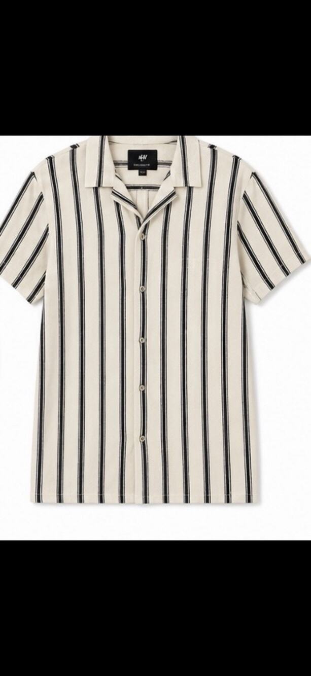 H&M Men's L Regular Fit Beige/Black Striped Short Sleeve Collared Button-Up